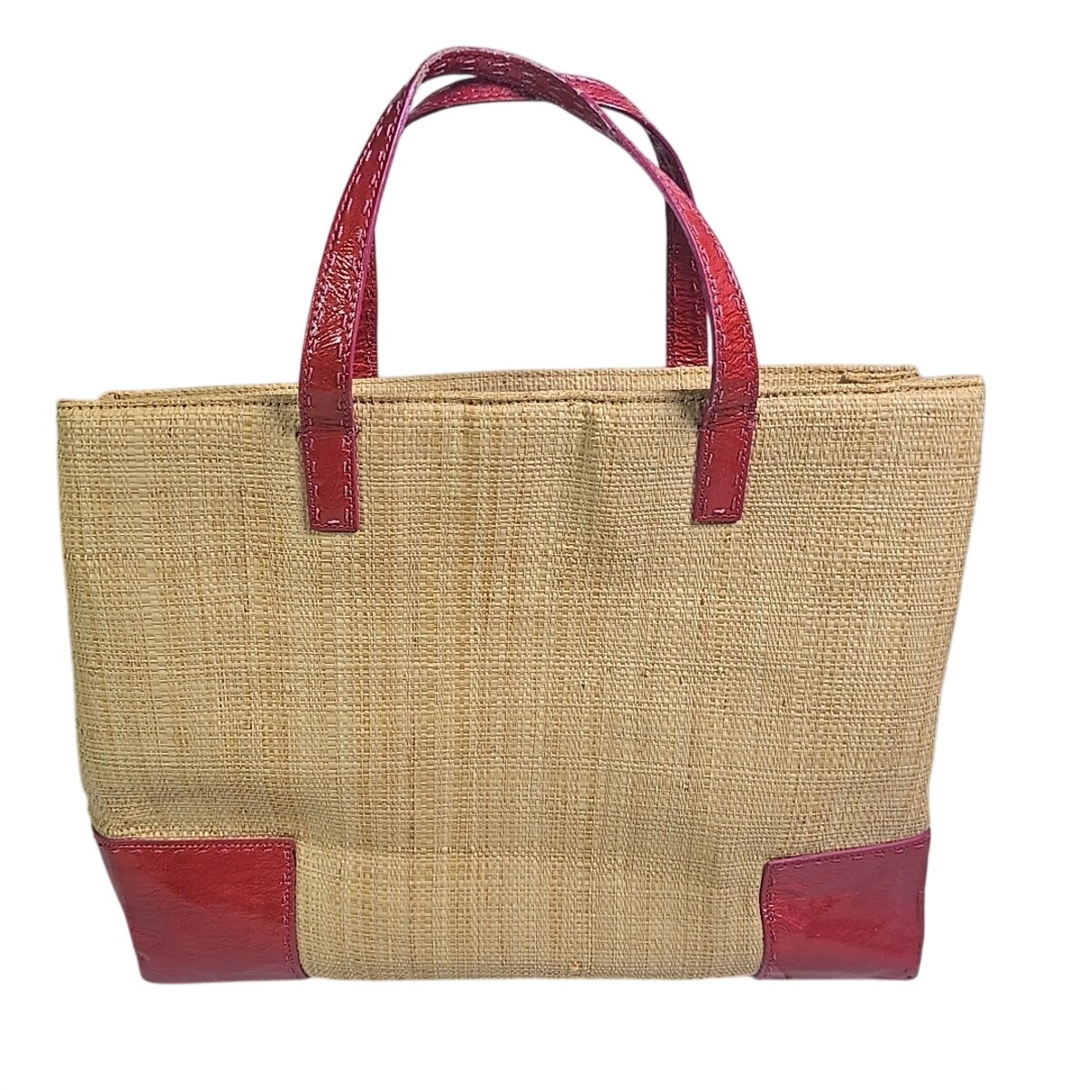 Cole Haan Woven Straw Red Trim Tote Bag Shoulder Purse Barbie Pink Gingham